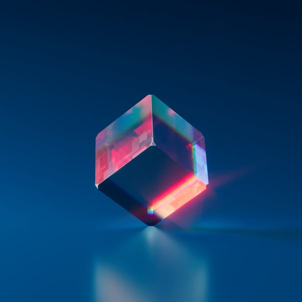 Equilibrium blue cube reflecting red light